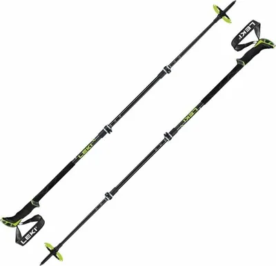 A pair of black and yellow trekking poles against a white background.