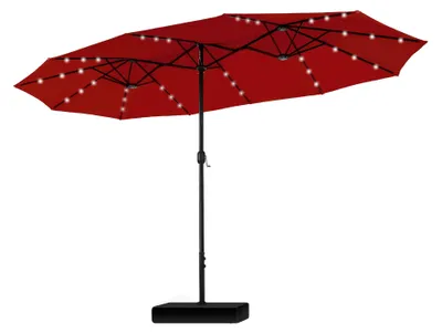 Image de Grand parasol rectangulaire avec pied, 450 x 270 cm, pour le jardin et la terrasse, avec éclairage LED, manivelle, protection UV, résistant au vent, rouge foncé