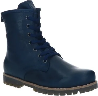 A single blue lace-up boot is shown against a white background.