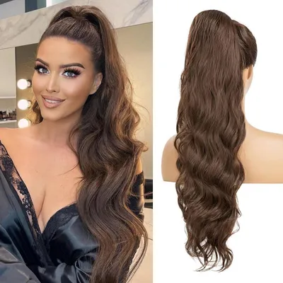 Produktbild von Haarteil Pferdeschwanz Clip Extensions Kordelzug Lang Wellig Haarverlängerung Braun