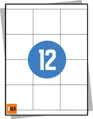 Produktbild von DULA Labels – Aufkleberbögen A4 – 12 Aufkleber pro Blatt – 70 x 67,7 mm – 100 Blatt