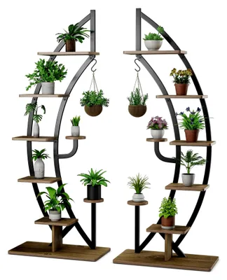 Produktbild von 6-stufiger Metall-Pflanzenständer in Halbmondform mit 2 kleinen Ablagen und oberem Haken, Leiter-Pflanzenregal mit Kippschutz, Blumentopf-Ständer für Garten, Balkon und Wohnzimmer (2 Stück)