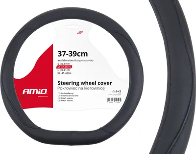 A black steering wheel cover is shown on a white background, with product information and branding visible on a label attached to the cover.