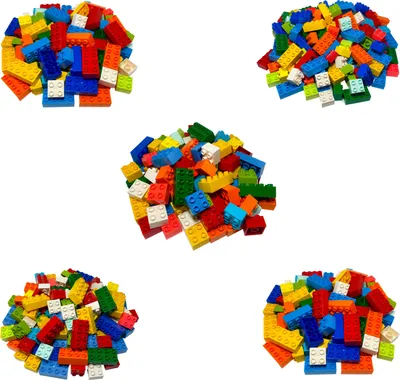 A collage of five images showing piles of colorful building blocks.