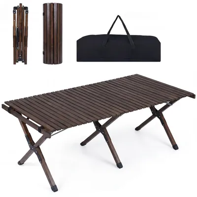 Produktbild von KOMFOTTEU Campingtisch klappbar, Klapptisch aus Holz, Picknicktisch mit aufrollbarer Tischplatte & Tragetasche, Balkontisch für 4-6 Personen, Outdoor Gartentisch für Camping & Garten, 122 x 60 x 45 cm