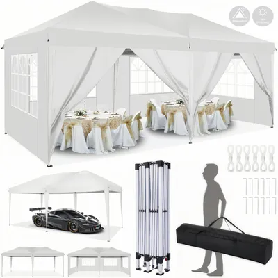 Image de Pavillon 3 x 6 m, chapiteau Pavillon pliant Tente de jardin Imperméable, protection UV, avec 4 panneaux latéraux et 2 entrées, 12 sardines, 4 cordes et 1 sac de transport, pour jardin, terrasse, fête, gris