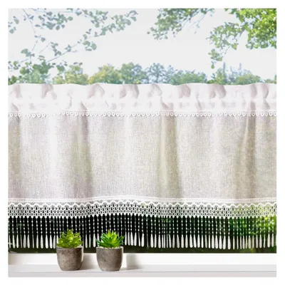Produktbild von Scheibengardine Landhaus Gardine Leinenoptik Natur mit Makramee-Spitze Bistrogardine 45x120 Fransenborte