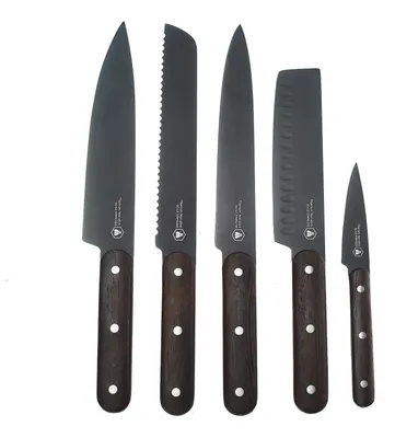 5 Küchenmesser, schwarze Klingen, Buchenholzgriffe, 34 cm
