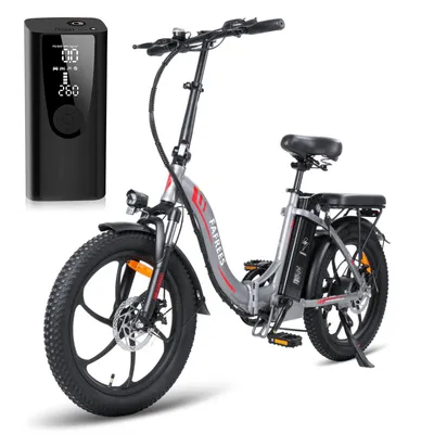 A silver electric bicycle with a black portable air pump next to it, presented on a white background.