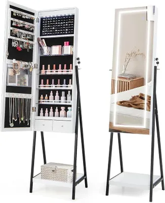 Imagen del producto de Espejo de cuerpo entero con armario para joyas, armario espejo con iluminación LED de 3 colores y espacio de almacenamiento, organizador de joyas con cerradura, caja de almacenamiento para joyas ideal para dormitorios y vestidores (blanco)