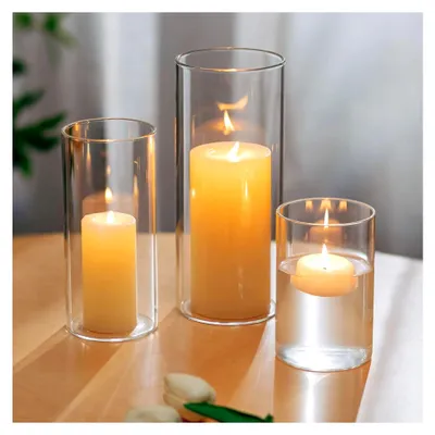 Produktbild von Windlicht Glas Kerzengläser Groß: 3er Set Verdickte Kerzenglas Kerzenhalter für Stumpenkerzen, Tischdeko, Glaszylinder für Kerzen, moderne Vase, Windlicht für Outdoor, Hochzeitsdeko, Wohnzimmer