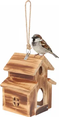 Image de Relaxdays, mangeoire à oiseaux, bois flammé, à suspendre, H x l x P : 21 x 16,5 x 14,5 cm, jardin et balcon, mangeoire à oiseaux, marron