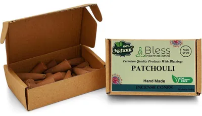 Productafbeelding van Rookkegeltjes, patchouli, met de hand gedompeld, biologisch, voor yoga. Verpakking van 20 stuks