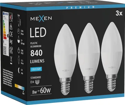 Obrázek produktu pro Mexen Nova 3x žárovka LED E14, C37, 8W, Studená - 6500K, 840 lm - L102-E14-0865-01x03