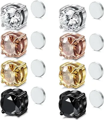 Produktbild von 4 páry magnetických náušnic z nerezové oceli Magnetické náušnice pro muže Dámy Dívky, Stud náušnice Zirkonie Náušnice bez dírky v uchu Náušnice, 6mm