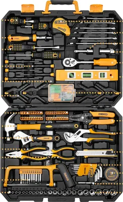 A black toolbox filled with various tools, laid out neatly.