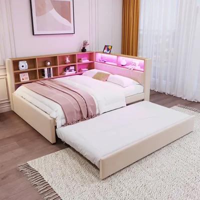 Obrázek produktu pro okwish Rozkládací postel 90×200 cm Multifunkční rozkládací pohovka, jednolůžko, vybavené LED osvětlením, zásuvkami a mnoha úložnými přihrádkami, bez matrace, Béžová