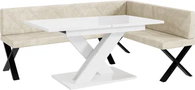 Produktbild von MEBLINI Eckbank für Esszimmer mit ausziehbarem Tisch - Küchenbank - Essecke - Sitzecke Küche - ERIC - X-Beine 142x196x87cm Rechts - Creme Samt/B Weiß Hochgl.
