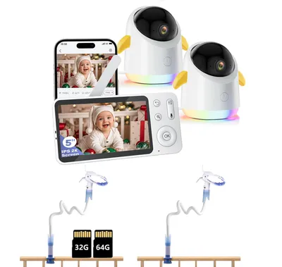 Produktbild von Babyphone mit 2 Kamera und APP 2K 360° 5" WLAN Video Babyfone RGB-Nachtsicht Weinen/Bewegungs/Geräusch-Erkennung 4xZoom mit 2*Halterung mit 32G & 64G