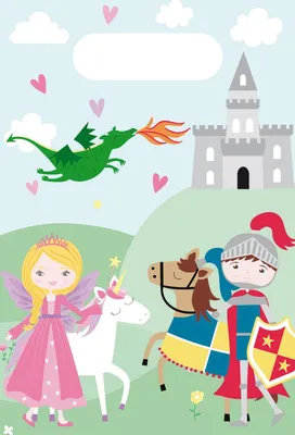A fantasy scene with a princess, unicorn, knight, horse, and dragon.