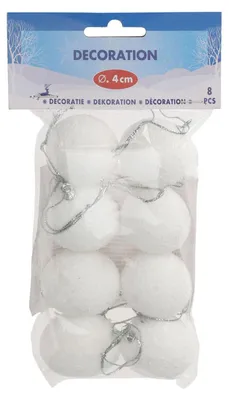 Produktbild von 8 Stück Weiße Schneeball Weihnachtsdekoration 4 cm mit Aufhängeband