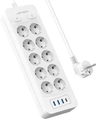 Obrázok produktu pre Predlžovací kábel s 10 zásuvkami – USB predlžovací kábel s 10 zásuvkami, 3680 W – 16 A a 4 USB portami – biely