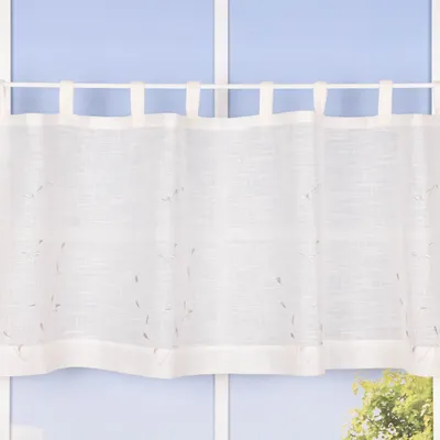Produktbild von Bio Schlaufenbistro Scheibengardine aus Bio Baumwolle Blätterstickerei Leinenstruktur transparent wollweiß grau 150x50cm