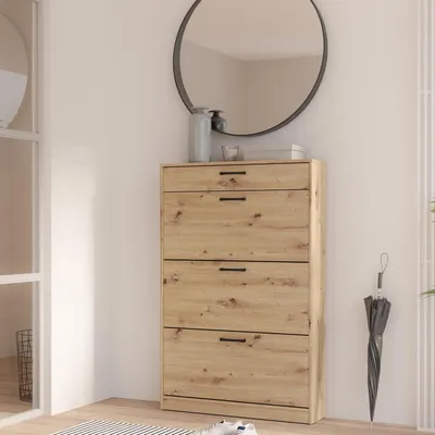 Produktbild von NIKO Schuhschrank 80 90 im skandinavischen Stil mit 3 Kippfächern und 1 Schublade, Holzwerkstoff, für Flur und Abstellraum, Artisan-Eiche-Holzdekor, 83,2 cm breit x 127,7 cm hoch x 20,4 cm tief