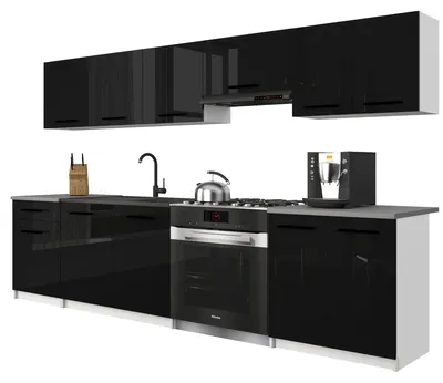 Image de Belini - Coin cuisine moderne ITALIA 2 - Meubles de cuisine 240 cm noir brillant - Cuisine équipée avec éléments hauts, éléments bas et plans de travail