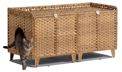 Produktbild von Handgeflochtenes Rattan Katzentoilette Möbel - Doppel Katzenklo Schrank - Versteckt, groß, leicht zu reinigen, für 2 Katzen - Natur