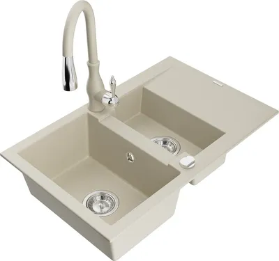 Produktbild von Mexen Gaspar 1,5-Becken-Granitspüle mit Abtropffläche und Mischbatterie Savita, Beige - 6507-69-672601-69