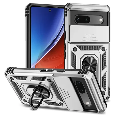 Immagine prodotto di Custodia per Google Pixel 7A a doppio strato con copertura scorrevole della fotocamera e supporto ad anello Argento