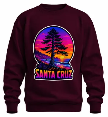 Immagine prodotto di Felpa con cappuccio, stile retrò, raffigurante una spiaggia di Santa Cruz, California, con onde e un tramonto. Colore: bordeaux. Taglia: XL