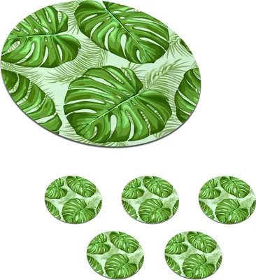 Obrázok produktu pre MuchoWow® Okrúhly sklenený podšálok, sada 6 ks Monstera - Palmový list - Vzory 10x10x0.3cm Podložky pod poháre - podložky pod nápoje - ochrana