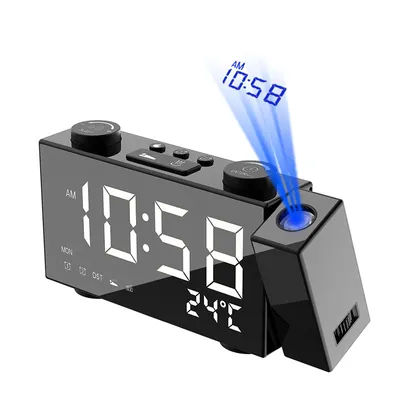 Produktbild von LED-Projektionswecker,Digitaler Wecker mit Thermometer,Hygrometer,Spiegel,Digitaler Wecker,Radiowecker,USB-Anschluss mit 15 Lautstärken,Helligkeitswecker für Schlafzimmer,Büro