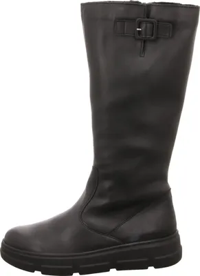A black leather boot is shown against a white background.
