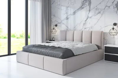 A modern bedroom with a large bed, marble accent wall, and large windows.