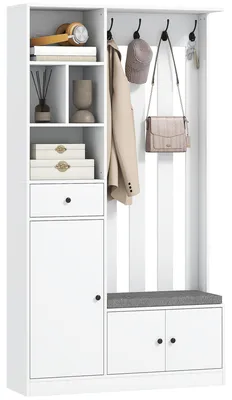 Produktbild von HOMCOM Garderobe Set Flurgarderobe mit Sitzbank, Schuhschrank, 4 Haken, Weiß