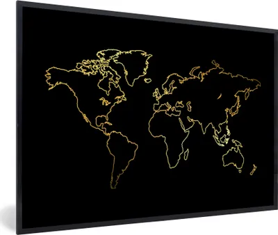 Produktbild von MuchoWow® MuchoWow® Gerahmtes Poster Goldene Weltkarte auf schwarzem Hintergrund 60x40 cm - Poster mit zchwarzem Bilderrahmen - Printing - Wanddeko Schlafzimmer