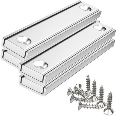 Productafbeelding van Rechthoekige neodymiummagneten, 4 stuks, 60 x 13,5 x 5 mm, platte magneten met schroefdraad en schroeven, geschikt voor whiteboards, koelkasten en magnetische wanden
