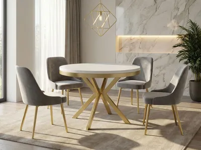 Produktbild von Runder Ausziehbarer Esstisch - Loft Style Tisch mit Goldenen Metallbeinen - 100 bis 180 cm - Industrieller Tisch für Wohnzimmer - Kompakt - 100 cm - Weiß
