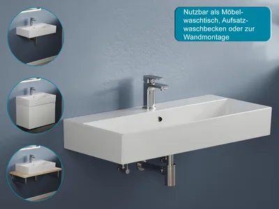 Produktbild von Aqua Bagno Aufsatzwaschbecken Keramik Weiß eckig 90x42x13 cm KS.90 mit ultradünnem Rand, Hahnloch und Überlauf