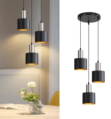 Image de ZMH Suspension Table de salle à manger E27 Lampe à suspendre Vintage Lampe de cuisine 3 feux Noir Or Suspension Ilot de cuisine Réglable en hauteur Sans ampoule