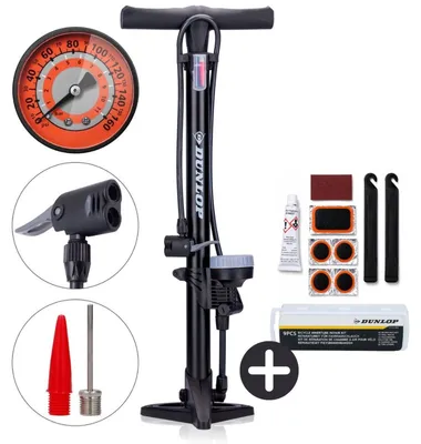 Produktbild von Dunlop Fahrradpumpe mit Manometer und Fahrrad Reparaturset 9 teilig - Fahrrad Werkzeug Set mit Flickzeug und Reifenheber - Für Presta Dunlop Schrader Ventil - Schwarz