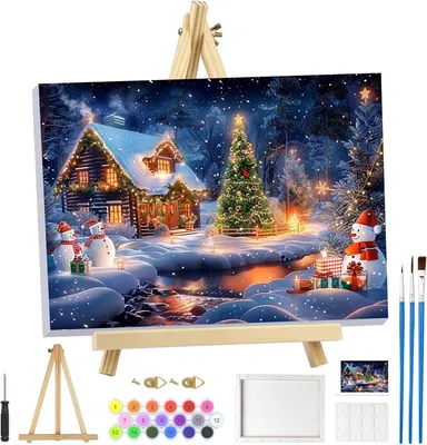 Productafbeelding van Kerstmis schilderen op nummer volwassenen met lijst, winterlandschap schilderen op nummer met houten ezel, doe-het-zelf olieverfschilderij, canvasset
