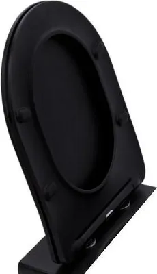 A black toilet seat is shown on a stand, angled to display its shape.
