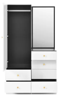 Image de Meuble multifonctionnel combinant un dressing et une table de maquillage, avec un tabouret escamotable, un miroir pleine longueur et des tiroirs compartimentés pour le maquillage
