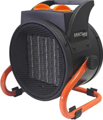 A black and orange electric heater is shown against a white background.