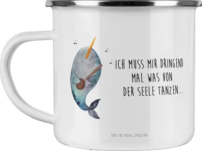 Produktbild von Mr. & Mrs. Panda Pott Narwal Gitarre - Weiß - Geschenk, Haferl, Meer, Tanzen, Frust, Emaille Tasse, becher, Wal, Probleme, Teetasse