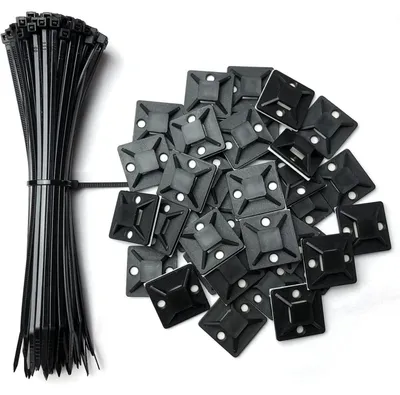 Zdjęcie produktu dla Zestaw opasek kablowych z podstawką montażową: 100 sztuk, czarne, 150 x 2,5 mm oraz 60 sztuk podstawek, 25 x 25 mm